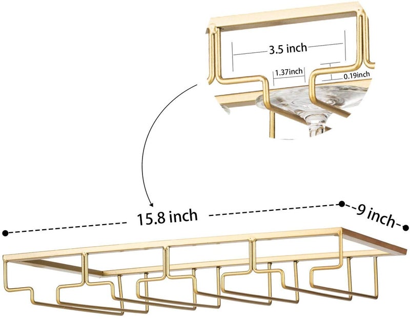FOMANSH Wine Glass Rack - Under Cabinet Stemware Wine Glass Holder Glasses Storage Hanger 2 Pack Metal Organizer for Bar Kitchen Gold - Image 4